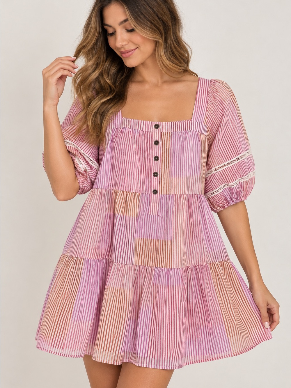 Anthropologie Pink Striped Square-Neck Tiered Mini Dress